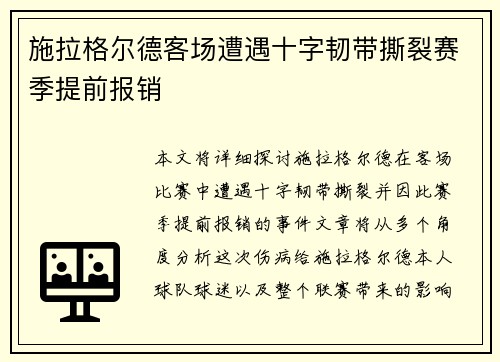 施拉格尔德客场遭遇十字韧带撕裂赛季提前报销